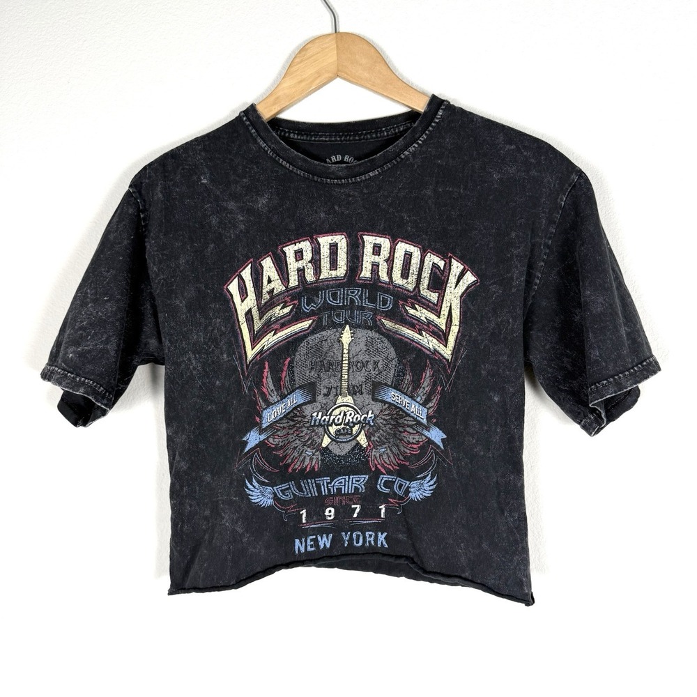 Hard‎ Rock World Tour Cropped Tee Womens XS Grunge Stonewashed Band Retro Travel